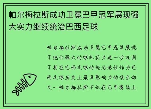帕尔梅拉斯成功卫冕巴甲冠军展现强大实力继续统治巴西足球