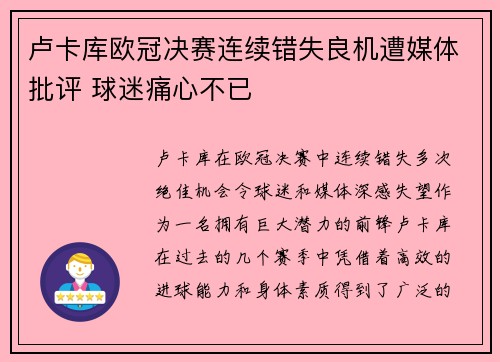 卢卡库欧冠决赛连续错失良机遭媒体批评 球迷痛心不已