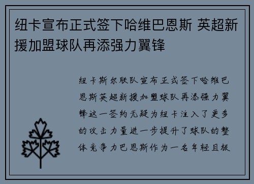 纽卡宣布正式签下哈维巴恩斯 英超新援加盟球队再添强力翼锋