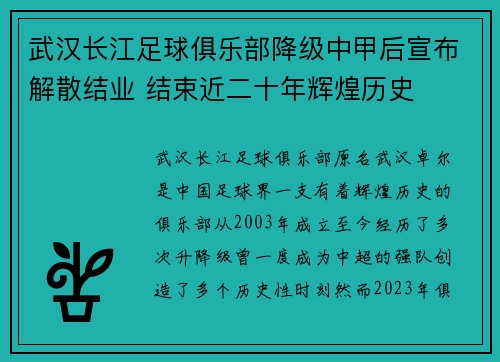 武汉长江足球俱乐部降级中甲后宣布解散结业 结束近二十年辉煌历史